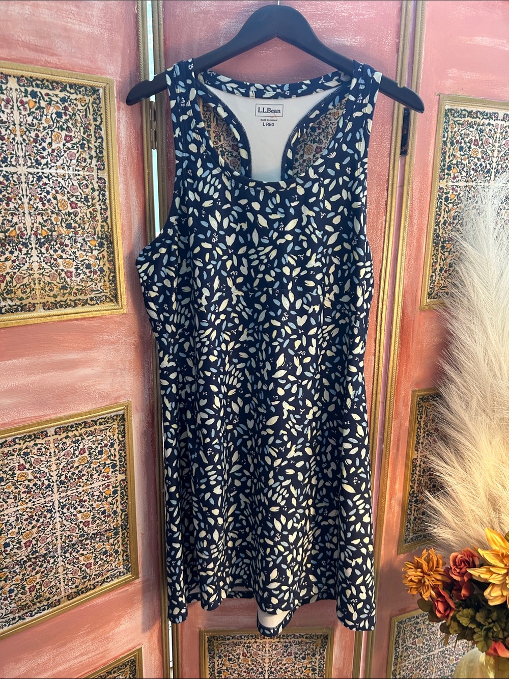 L.L. Bean Navy Sleeveless Leaf-Print Dress